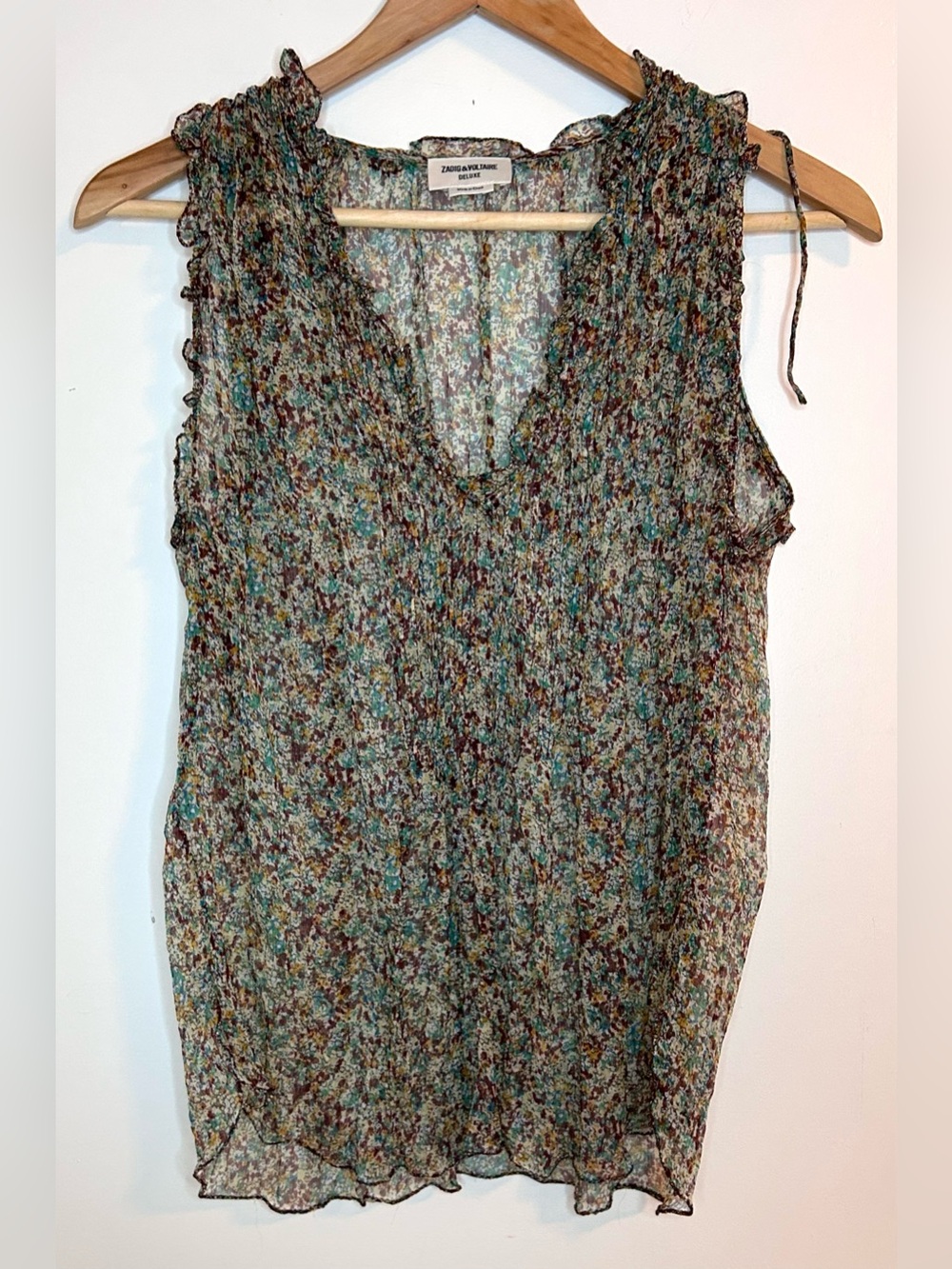 Zadig & Voltaire Thym Floral Print Silk Sheer Sleeveless Pin Tuck Top Size M